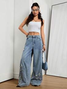 Coolane 女士夏季节日男友风垃圾摇滚运动休闲垃圾摇滚星星图案水洗牛仔裤，狂欢节阔腿牛仔裤宽松牛仔裤女士 - 藍色 - 查看 3