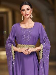Layrah Elegant Rhinestone Embellished Purple Long Sleeve Turkish Style Dress For Party Kaftan Jalabiya Dress - Purple - View 1