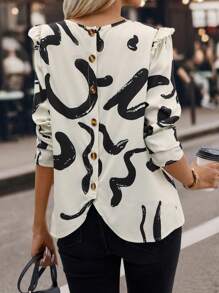 SHEIN Clasi Graphic Print Button Back Ruffle Trim Blouse,Three Quarter Sleeve Tops - Multicolor - View 2