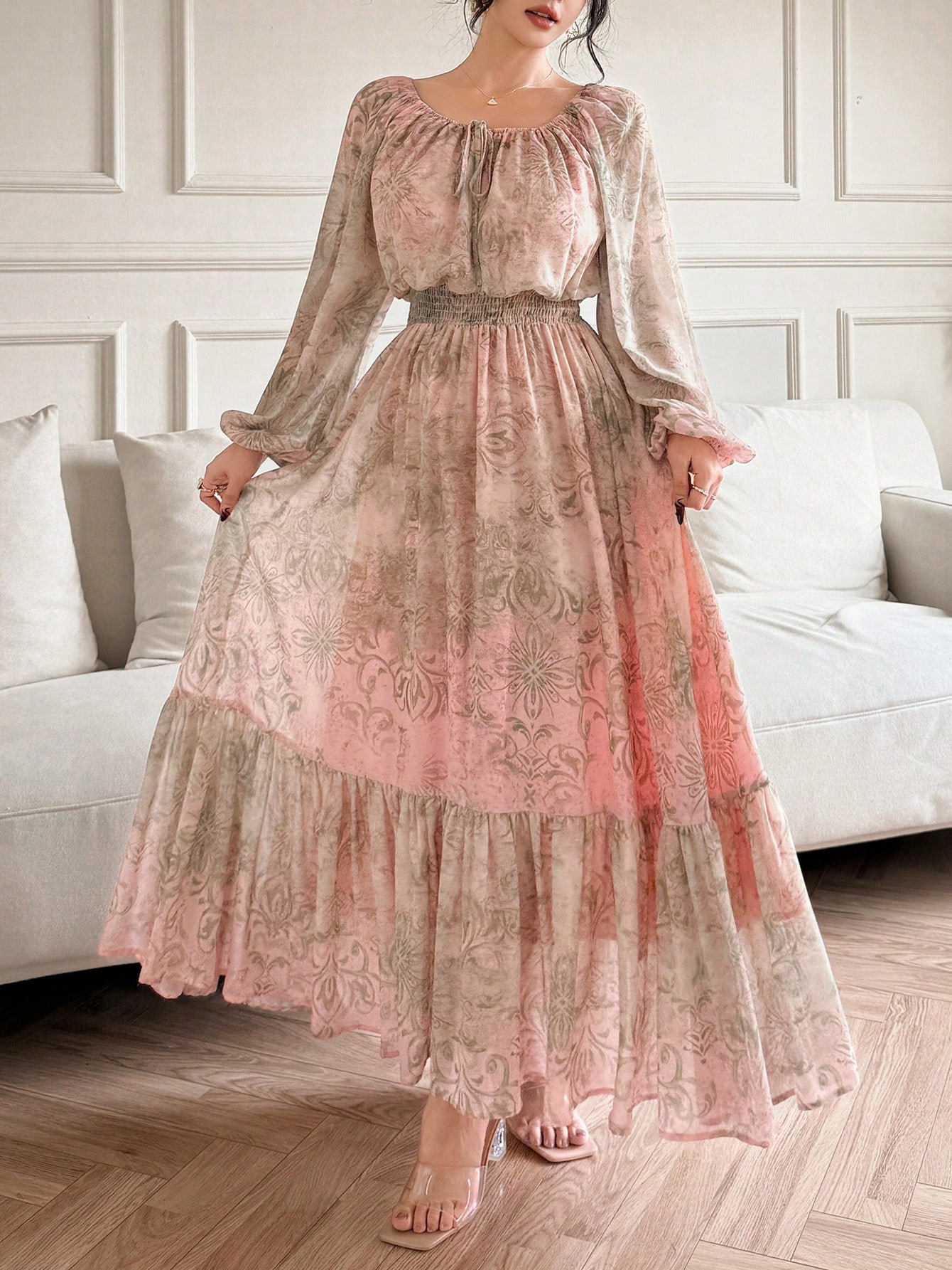 DAZY فستان طويل أنثوي بأكمام طويلة وياقة مستديرة و...