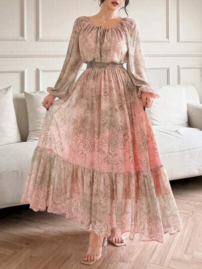 DAZY Women's Mid-Length Long Sleeve Round Neck Waisted Long Dress, Minimalist & Fashion Summer Vacation Outfits Women Floral