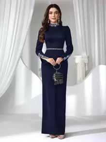 Coutiva Abito da sera lungo elegante da donna con decorazioni di strass e perle finte, abito da cerimonia nero, abito da ballo, abito per feste, abito per matrimonio.