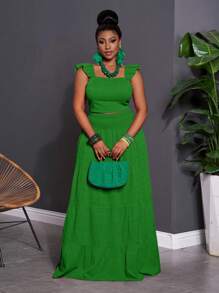 Slaydiva 2pcs Set: Casual Vacation Solid Peach Red Cap Sleeve Crop Top & Textured Flare Midi Skirt, Plus Size Women, Spring/Summer 2025,Holiday Outfits Boho - Green - View 4