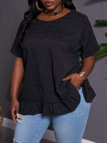 SHEIN CURVE+ Large Solid Color Round Neck Pleated Short Sleeved Loose Shirt For Spring And Summer, Spring And Summer Doll Shirt Boho Vacation - Black - View 7