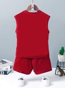 SHEIN Streecool Kids Young Boy Summer Cute Printed Sleeveless Sports Top And Athletic Shorts Set With Round Neck Summer Holiday - Burgundy - View 2