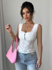 Selianne 女士优雅别致办公室休闲舒适度假无袖收腰后半襟荷叶边刺绣面料纯色衬衫