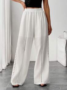 Chiquease Vacation Nature Lace Patchwork Linen Hollow Out Loose High Waist Casual Pants Fall Cloth For Women - White - View 3