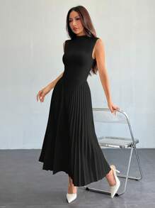 SHEIN PETITE 女士优雅褶皱紧身 A 字形连衣裙 - 黑色 - 查看 3