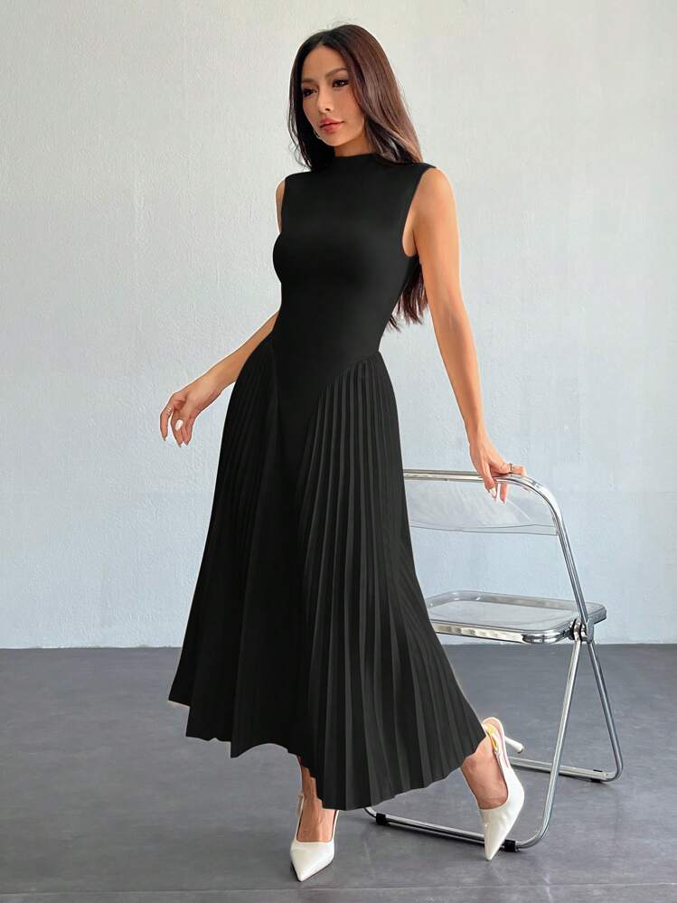SHEIN PETITE فستان أنيق للنساء بتصميم ضيّق وطبقات متطاول على شكل حرف A - الأسود - مشاهدة 3