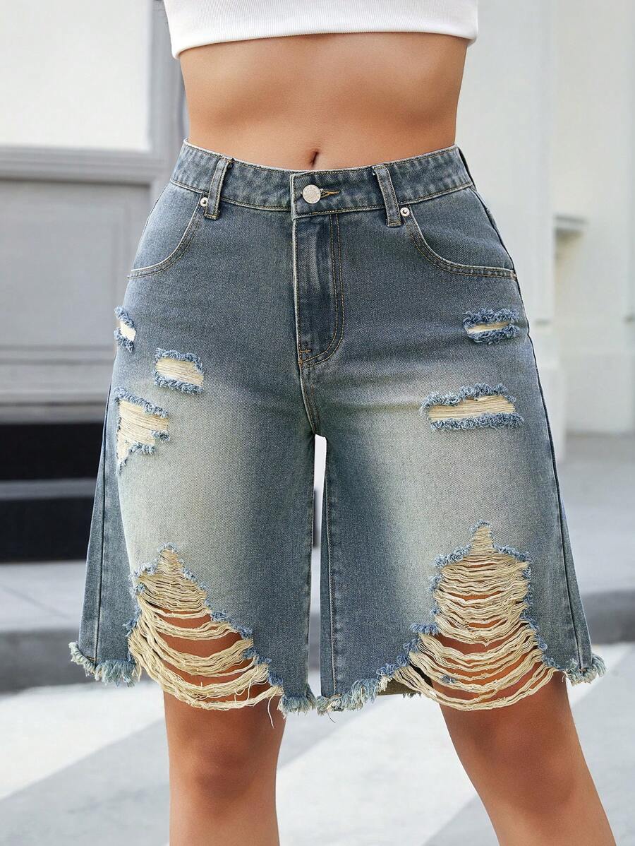 SHEIN Essnce Women's Vintage Washed Distressed Denim Shorts - Medium Wash - View 1