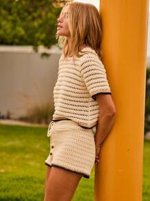 Aralina Beige Tipping Crochet Drawstring Summer Vacation Outfits Two Pieces Set - Brown - View 8