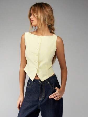 MISSGUIDED Chaleco sin mangas de estilo de chaleco, top de verano acortado con botones frontales, esencial de layering para uso profesional de oficina, chaqueta clásica con ajuste a medida