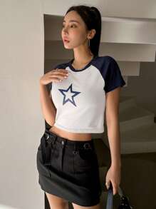 DAZY Star Print Raglan Sleeve Crop Tee Y2k - Blue and White - View 3