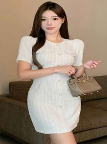 Dazy Plus Plus Size Solid Color Button Front Collared Bodycon Short Sleeve Mini Dress, Spring/Summer Sundress Work Women Clothes Prom Dress Elegant Women Dresses