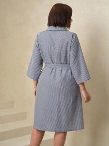 SHEIN Clasi Curve Plus Size Women's Blue And White Check Business Elegant Bow Waist Button Stand Collar 3/4 Sleeve Dress,Dresses For Women Elegant,Old Money Style Women,Modest Dresses For Women,Summer Outfits For Women,Summer Dresses For Women,Vacation Outfits Woman,Vacation Outfits Women,Summer Clothes,Business Casual Woman,Going Out Outfits, - Blue and White - View 6