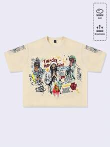 ROMWE MEN Street Life Loose Fit Dropped Shoulder Short Men's Vintage Painting T-Shirt - Apricot - View 1