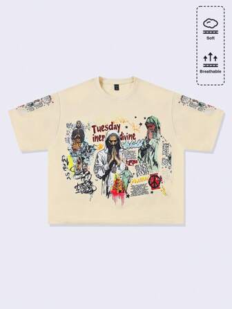 Street Life Camiseta de hombre de corte holgado, hombros caídos y estampada