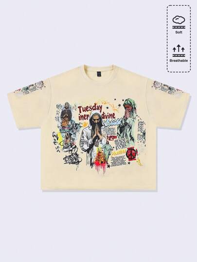 Street Life Loose Fit Dropped Shoulder Short Men's Vintage Painting T-Shirt