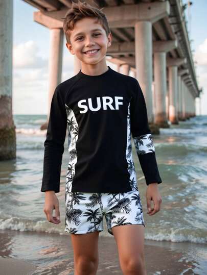 SHEIN Tween Boy Beach Vacation Color-Block Swimwear Set With Coconut Tree Print Summer Holiday