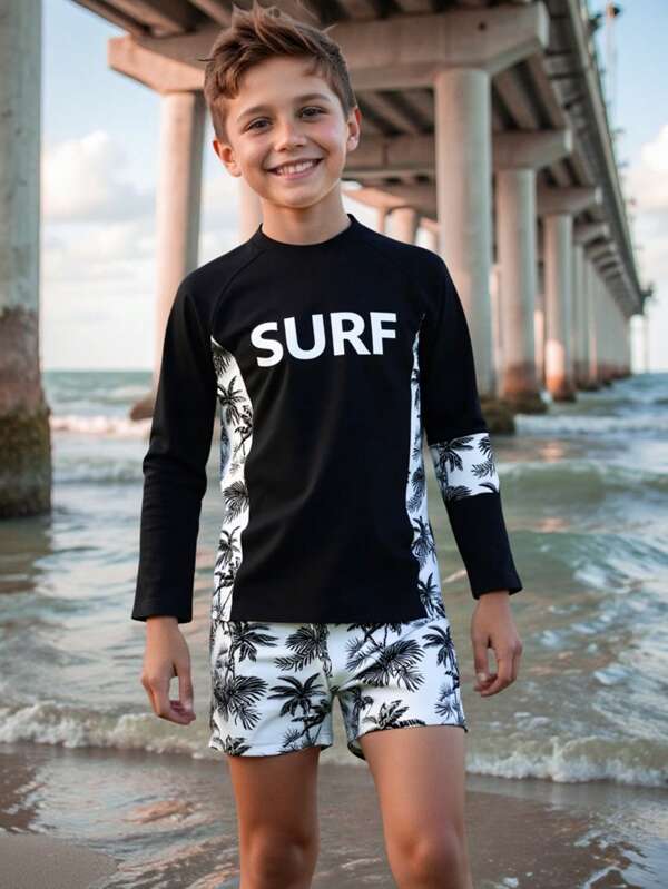Tween Boy Beach Vacation Color-Block Swimwear Set With Coconut Tree Print