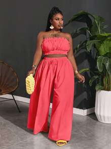 Slaydiva Damen Große Größen Oberteil mit Rüschenkanten und Paperbag Taille Weite Hose