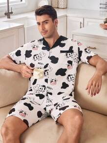 Men's Cute Cow & Letter Print Sleepwear Set - Black and White - View 6