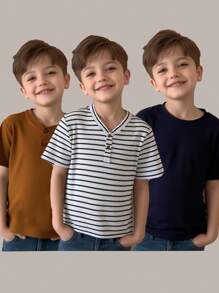 SHEIN Young Boy 3pcs Striped Quarter Button Tee - Multicolor - View 3