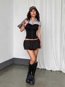 StreetHx 女士休闲条纹撞色腰短袖衬衫，适合春秋季节 - 黑與白 - 查看 6