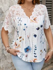 SHEIN LUNE Plus Size Women's V-Neck Lace Patchwork Plant Print T-Shirt Summer For Women Vacation Woman Summer Top Wedding Season Beach For Woman - White - View 2