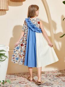 SHEIN Leap Crew Tween Girl 碎花撞色拼接不对称荷叶边下摆 A 字短袖连衣裙 - 粉色 - 查看 2