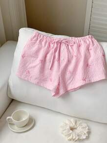 Comfortcana Summer Elegant Stripe Print Sweet Pink Bow Striped Low Waisted Elastic Shorts - Pink - View 1