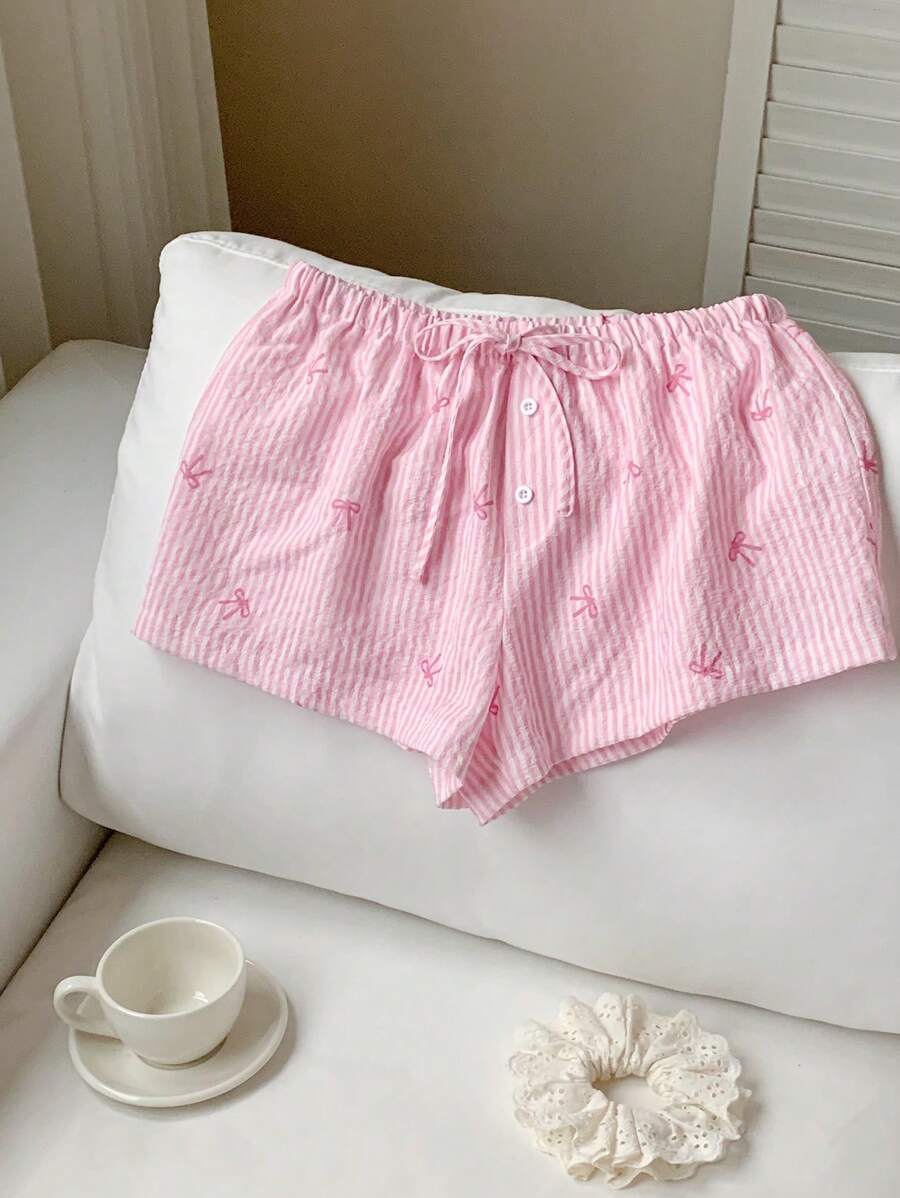 Comfortcana Summer Elegant Stripe Print Sweet Pink Bow Striped Low Waisted Elastic Shorts - Pink - View 1