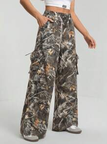 SHEIN Tall Women's Branch Print Baggy Wide Leg Loose Cargo Pants - Army Green - View 4