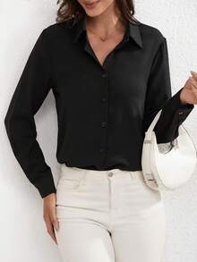 Women's Solid Color Simple Daily Long Sleeve Shirt - Black - View 1