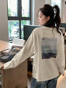 DAZY Của phụ nữ Trở lại In bờ biển Tay áo dài Áo thun - Màu be - Xem 3