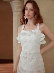 PREMIUM RUFFLE CONTRAST LACE DRESS - White - View 4