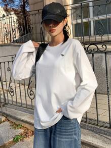 DAZY Horse Print Drop Shoulder Tee,Fall Clothes Long Sleeve Women Tops - White - View 4