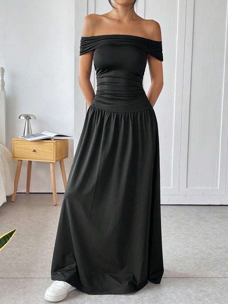 SHEIN EZwear فستان طويل بطراز غربي محبوك بخصر منقوش وكتف مكشوفة، صيفي - الأسود - مشاهدة 3