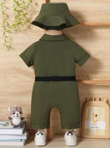 SHEIN Infant & Toddler Boys Cute Jungle Animal Print Romper With Hat, Casual Outfit For Daily Wear, Outings, Parties, Vacation, Suitable For Spring/Summer (No Belt) - Army Green - View 2