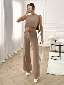 RueChic SIDE TIE UP BOW CROP BLOUSE & ELASTICAL WAIST DRAWSTRING PANT - Beige - View 3