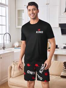 CoupledUp Crown & King 图案印花圆领短袖男式睡衣套装 - 黑色 - 查看 5