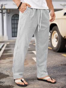 Manfinity Homme Men's Drawstring Waist Letter & Striped Patch Pocket Pants,Men's Casual Daily INS Striped Style, Loose, Fashionable And Handsome, A Gift For Husband, Boyfriend And Father, Sports And Comfortable Fabric, Outdoor Travel, Commuting To Work, Beautiful INS Versatile Item, Essential For Spring And Summer,Straight Leg Pants,Linen Pants,Breathable,Casual Pants,Best Seller
