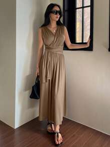 DAZY Đầm dài nữ cổ chữ V không tay, thắt eo, kiểu dáng thanh lịch mùa hè, trang phục công sở nữ, đầm maxi dự tiệc. - màu nâu - Xem 5