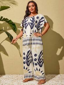 SHEIN Clasi Áo thun cổ tròn tay ngắn họa tiết hình học cỡ lớn cho nữ và quần dài trang phục mùa hè, phù hợp cho Ngày lễ Thánh Patrick, Rave, Lễ hội, Kỳ nghỉ xuân, Phong cách Boho - Nhiều màu - Xem 5