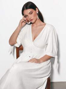 Maija 大码女式夏季波西米亚度假沙滩短袖长裙、全白女装毕业礼服、婚礼宾客礼服、女士沙滩装、外出礼服、女士度假礼服、优雅商务休闲女装、女士演唱会服装 - 白色 - 查看 3