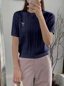 DAZY Women Casual Bow Embroidery Short Sleeve Knit Top - Blue - View 5