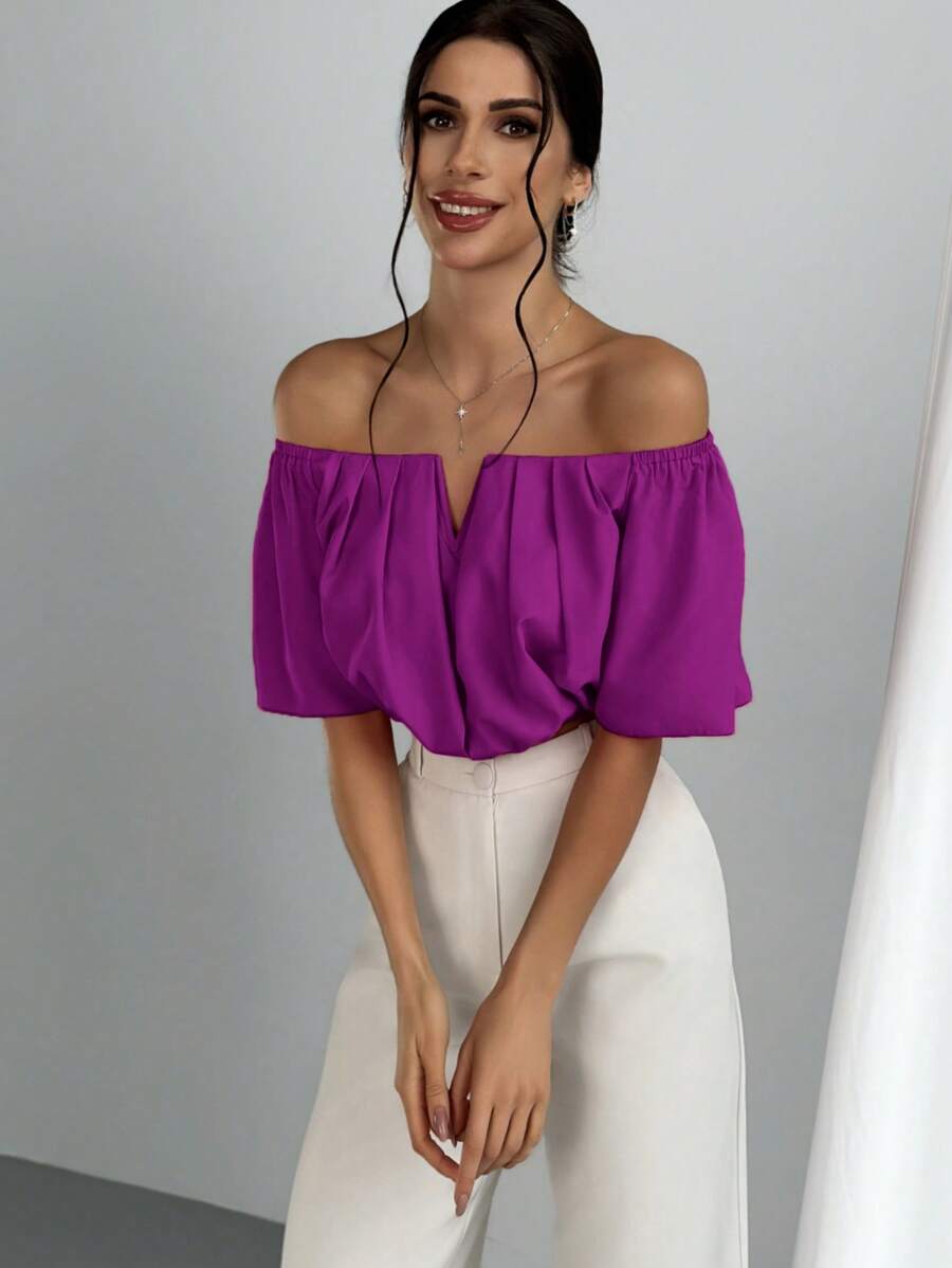 Aloruh Áo sơ mi trơn cổ chữ V trễ vai, thời trang cho nữ - Màu tím - Xem 1