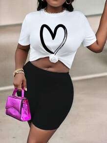 Slaydiva 2 pièces/Set T-shirt col rond à imprimé cœur grande taille