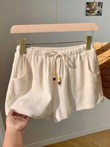 Comfortcana Women's Casual Ruched Waist Drawstring Pocket Relaxed Shorts - Apricot - View 6