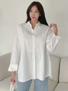 DAZY 纯色纽扣前落肩宽松衬衫，长袖上衣 - 白色 - 查看 4